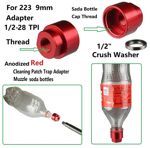.223 5.56 9mm 1/2-28 1/2x28 TPI Cleaning Patch Trap Adapter Muzzle Soda Pop bottles Red Anodized With Stainless Steel Crush Washer